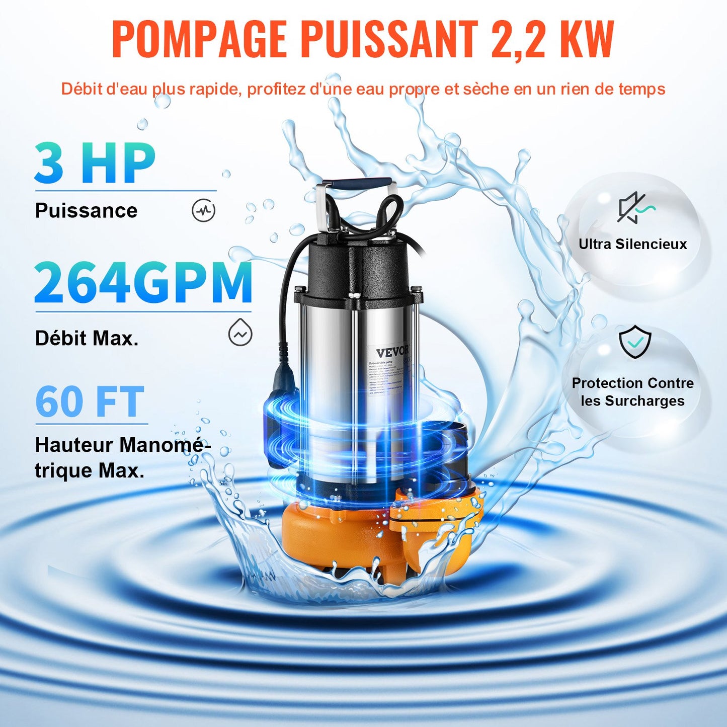 Submersible Water Pump, 2200W 60000L/H, with 10 m Cord and Automatic Tethered Float Switch, Portable Stainless Steel for Dirty or Clean, Drain Floods, Empty Garden Ponds, Swimming Pools, Hot Tub