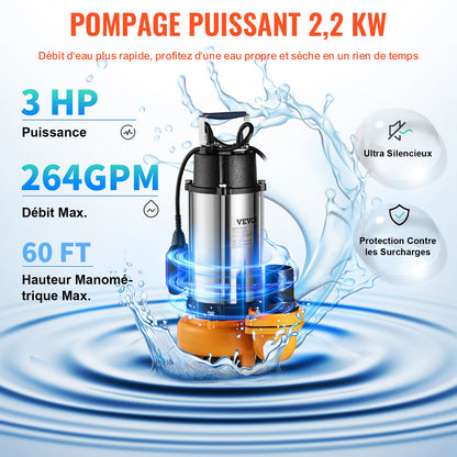 Submersible Water Pump, 2200W 60000L/H, with 10 m Cord and Automatic Tethered Float Switch, Portable Stainless Steel for Dirty or Clean, Drain Floods, Empty Garden Ponds, Swimming Pools, Hot Tub