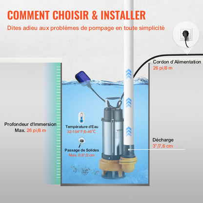 Submersible Water Pump, 2200W 60000L/H, with 10 m Cord and Automatic Tethered Float Switch, Portable Stainless Steel for Dirty or Clean, Drain Floods, Empty Garden Ponds, Swimming Pools, Hot Tub