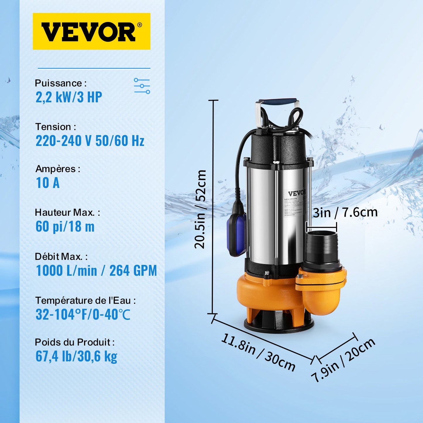Submersible Water Pump, 2200W 60000L/H, with 10 m Cord and Automatic Tethered Float Switch, Portable Stainless Steel for Dirty or Clean, Drain Floods, Empty Garden Ponds, Swimming Pools, Hot Tub