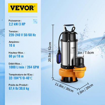 Submersible Water Pump, 2200W 60000L/H, with 10 m Cord and Automatic Tethered Float Switch, Portable Stainless Steel for Dirty or Clean, Drain Floods, Empty Garden Ponds, Swimming Pools, Hot Tub