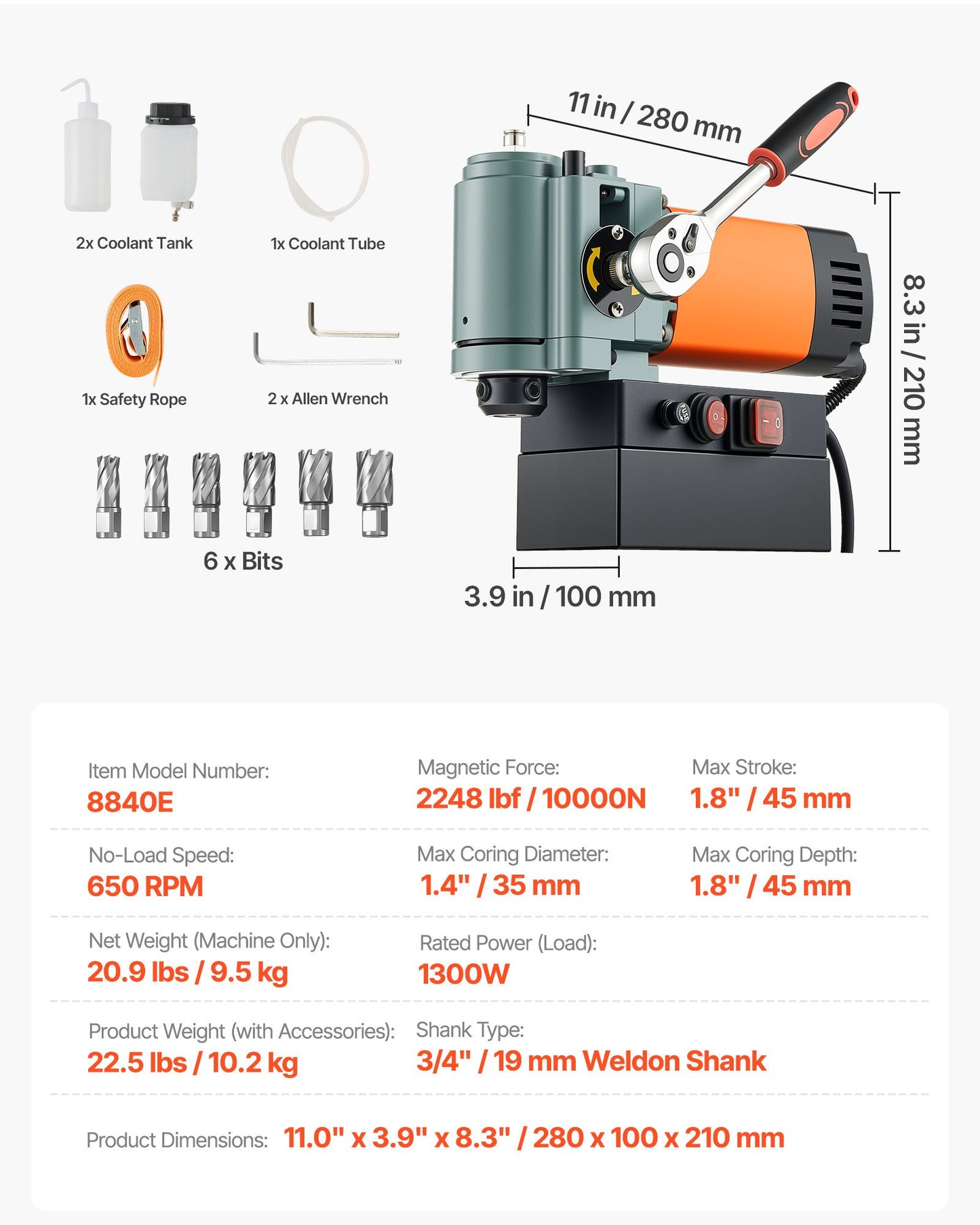 Low Profile Magnetic Drill Press, 1300 W, 35 mm Boring Diameter, 10000N Power Portable Mag Drill Press, 650RPM Speed, with Weldon Shank, for Metal Surface, Industrial and Home Improvement