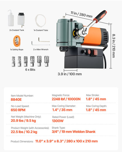 Low Profile Magnetic Drill Press, 1300 W, 35 mm Boring Diameter, 10000N Power Portable Mag Drill Press, 650RPM Speed, with Weldon Shank, for Metal Surface, Industrial and Home Improvement