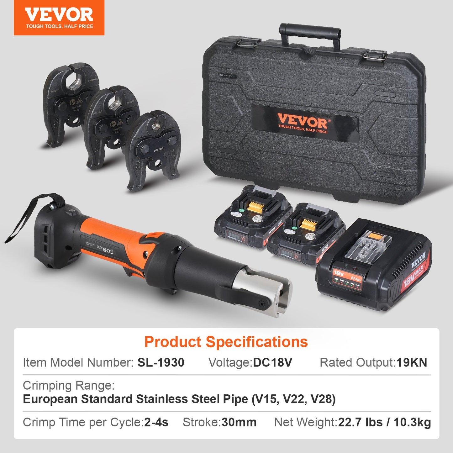 Press Tool and Battery Kit, Pro Press Tool, Electric Pipe Crimping Tool with V15, V22, V28 Jaws, Press Tool Kit with 2pcs 18V 2.0Ah Battery, Fast Charger, and Carrying Case