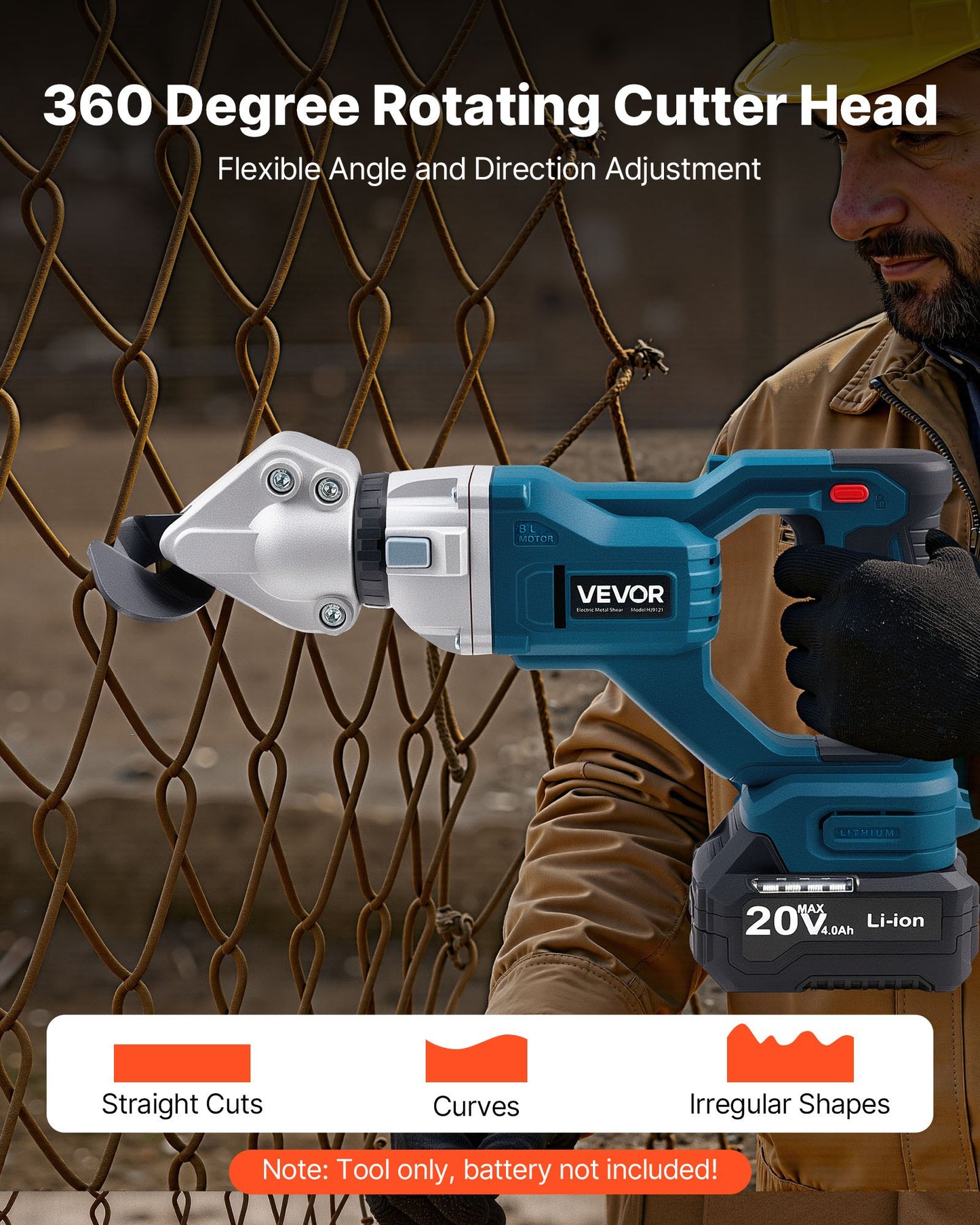 Metal Shear, Sheet Metal Cutter Cordless with 360-Degree Pivoting Head, Double Blades, 25000 RPM Speed, Cuts 1.22 mm Galvanized Steel, 1 mm Stainless Steel, Aluminum Plate, Plastic, Cardboard