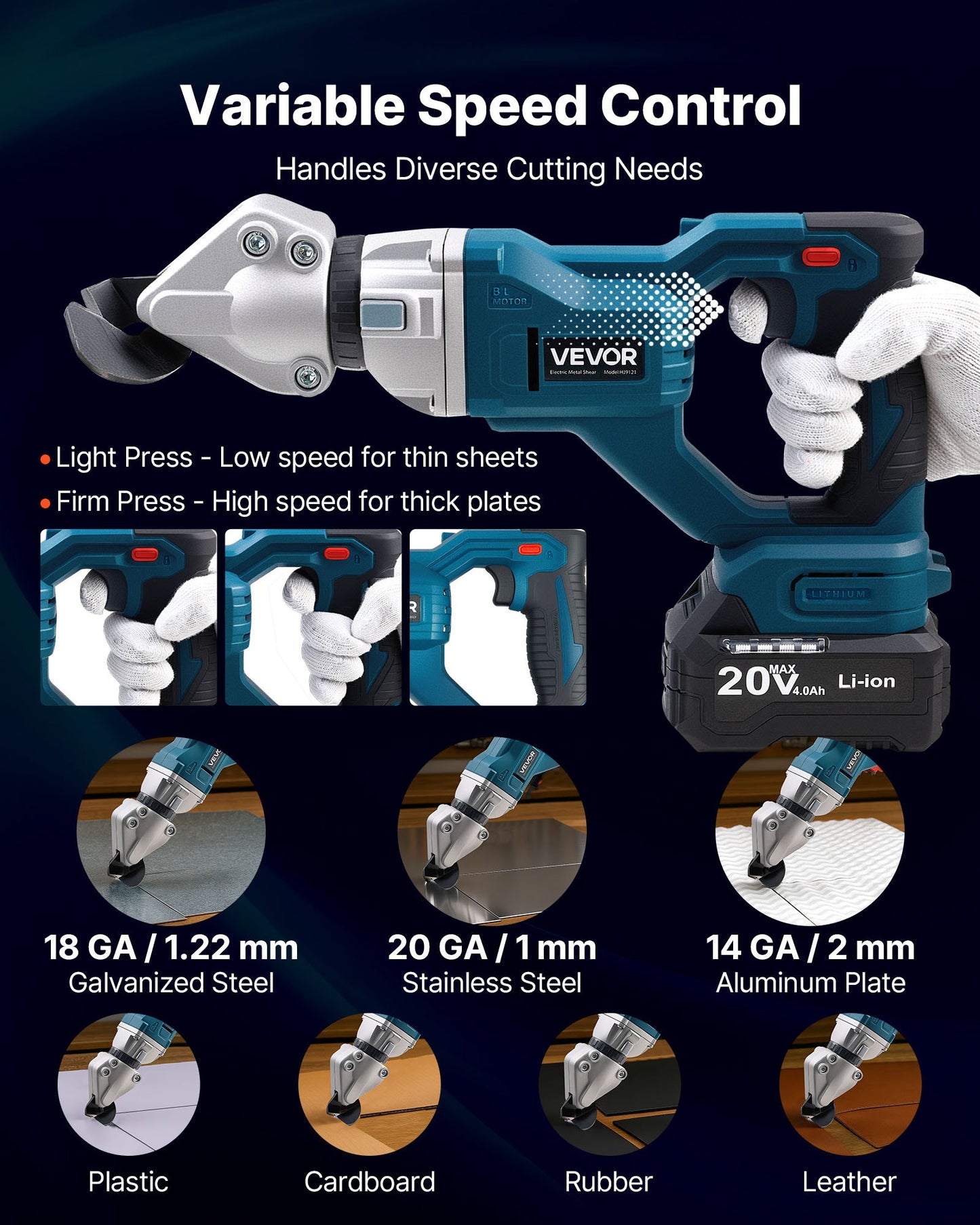 Metal Shear, Cordless Sheet Metal Cutter with 360-Degree Pivoting Head, Double Blades, 220VAC 20VDC, Cuts 1.22 mm Galvanized Steel, 1 mm Stainless Steel, Aluminum, Plastic, Cardboard, 2800SPM