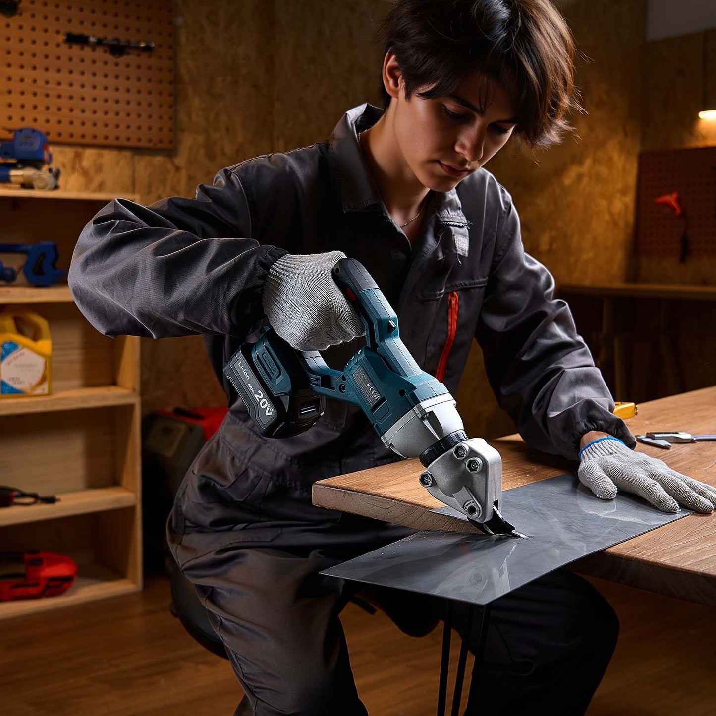 Metal Shear, Cordless Sheet Metal Cutter with 360-Degree Pivoting Head, Double Blades, 220VAC 20VDC, Cuts 1.22 mm Galvanized Steel, 1 mm Stainless Steel, Aluminum, Plastic, Cardboard, 2800SPM