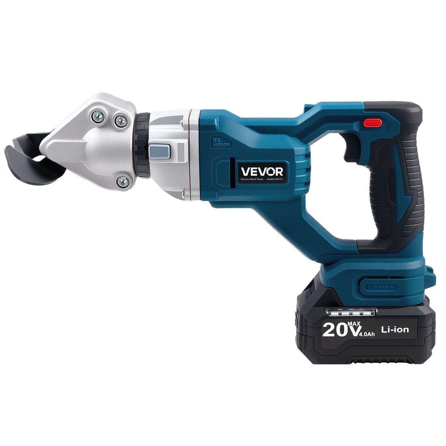 Metal Shear, Cordless Sheet Metal Cutter with 360-Degree Pivoting Head, Double Blades, 220VAC 20VDC, Cuts 1.22 mm Galvanized Steel, 1 mm Stainless Steel, Aluminum, Plastic, Cardboard, 2800SPM