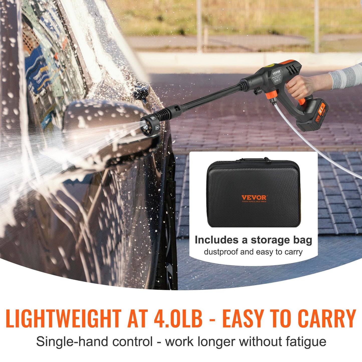 Cordless Pressure Washer, 652-PSI 1.1 GPM Portable Power Cleaner, Handheld High-Pressure Car Washer Gun with 4.0Ah Battery, Charger, 6-in-1 Nozzle, for Home/Floor Cleaning & Watering
