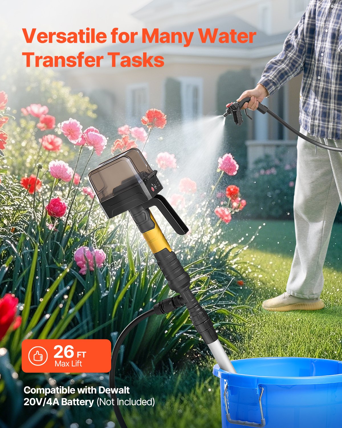Cordless Stick Water Transfer Pump, 33 L/min(528GPH), Portable Sump Pump with NPT3/4" Garden Hose, Compatible with Dewalt 20V MAX Battery (No Battery), Electric Utility Stick Pump for Pool, Garden, Pond