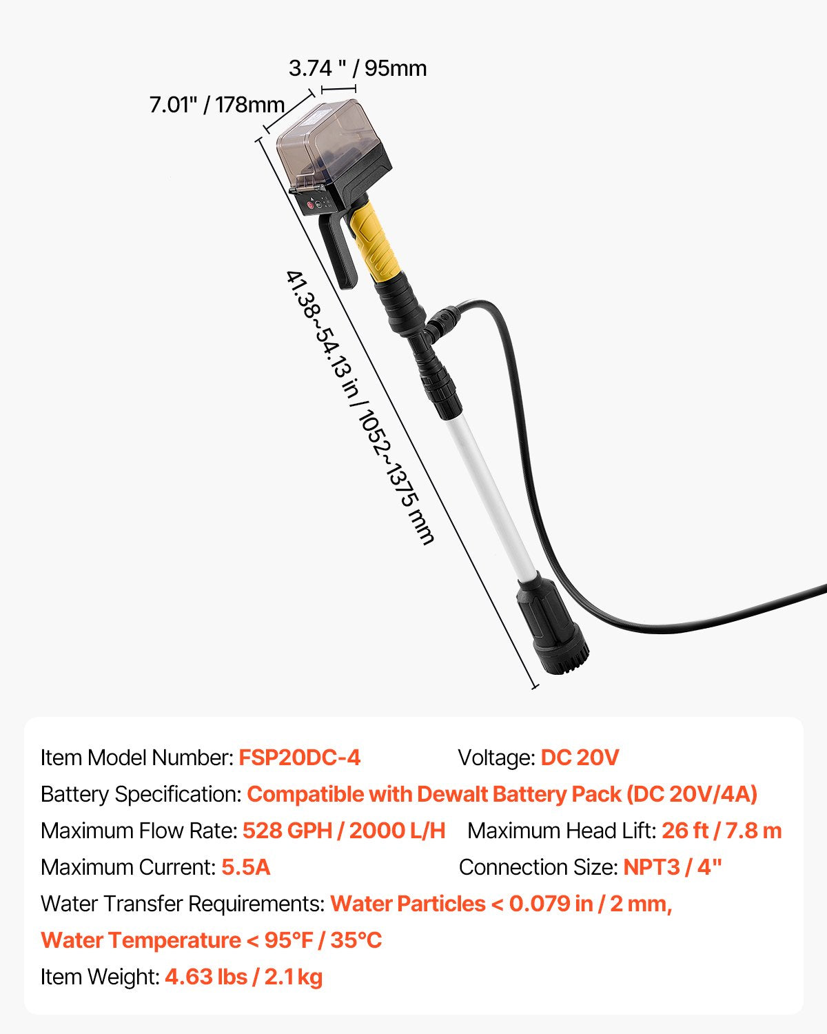 Cordless Stick Water Transfer Pump, 33 L/min(528GPH), Portable Sump Pump with NPT3/4" Garden Hose, Compatible with Dewalt 20V MAX Battery (No Battery), Electric Utility Stick Pump for Pool, Garden, Pond