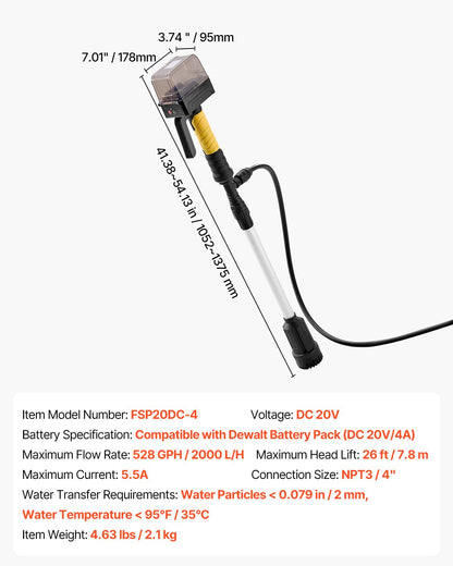 Cordless Stick Water Transfer Pump, 33 L/min(528GPH), Portable Sump Pump with NPT3/4" Garden Hose, Compatible with Dewalt 20V MAX Battery (No Battery), Electric Utility Stick Pump for Pool, Garden, Pond