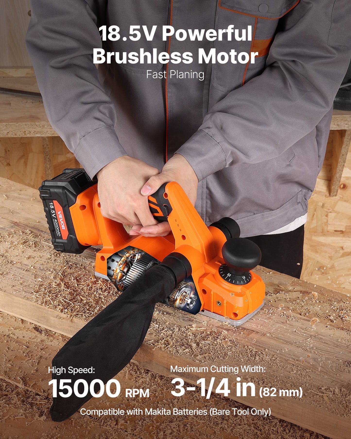 Cordless Handheld Planer, 82 mm Cut Width, 15000 RPM Electric Hand Wood Planer with Brushless Motor, Adjustable Cut Depth for Woodworking, Compatible with 18V Battery (Bare Tool Only)