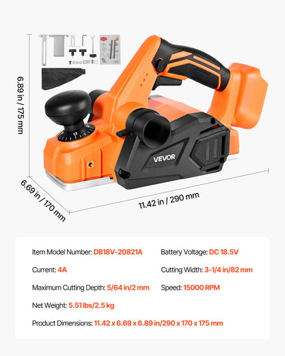 Cordless Handheld Planer, 82 mm Cut Width, 15000 RPM Electric Hand Wood Planer with Brushless Motor, Adjustable Cut Depth for Woodworking, Compatible with 18V Battery (Bare Tool Only)