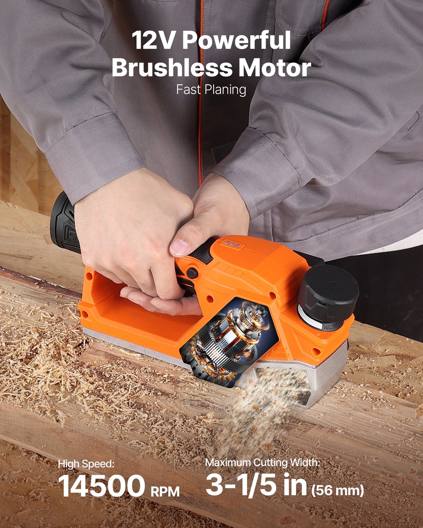 Cordless Handheld Planer, 56 mm Cut Width, 14500 RPM Electric Hand Wood Planer with 2 Ah 12V Lithium Battery, Brushless Motor, Adjustable Cut Depth, 2 Blades, for Woodworking Wood Chamfer DIY