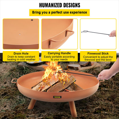 Fire Pit Bowl, 30-Inch Deep Round Carbon Steel Fire Bowl, Wood Burning for Outdoor Patios, Backyards & Camping Uses, with A Drain Hole, Portable Handles and A Firewood Stick, Brown