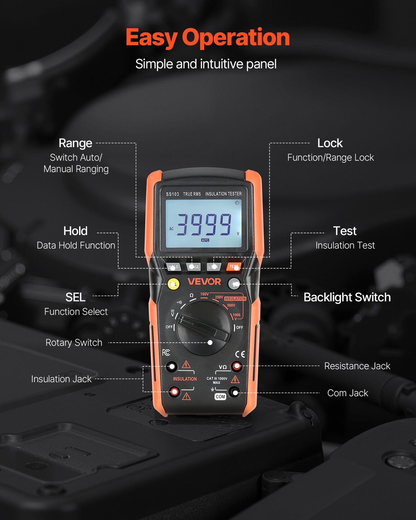 Digital Multimeter, 4000-Count TRMS Voltmeter Ohmmeter, 1000V AC/DC Voltage Tester with Switchable Auto/Manual Range for Voltage, Resistance, and Continuity Measurment