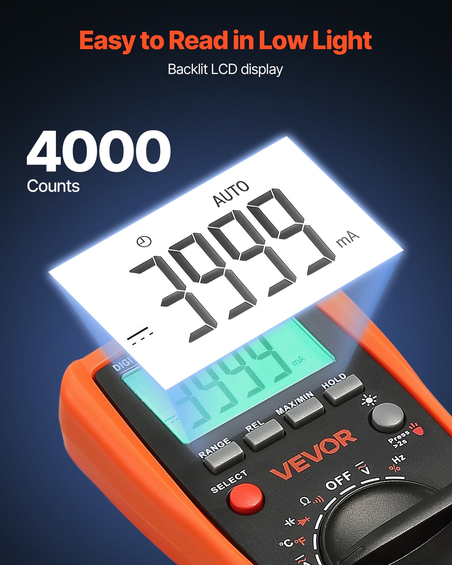 Digital Multimeter, 4000-Count TRMS DC/AC Voltmeter Current Tester, Auto-Ranging Multimeter for Current Voltage Resistance Capacitance Temperature Diodes Continuity Duty-Cycle Measurments