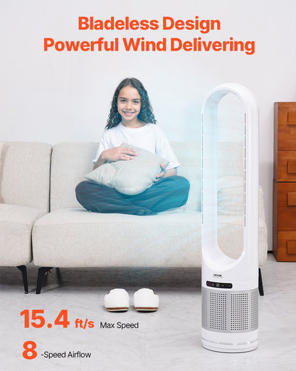 Tower Fan Bladeless, 15.4ft/s Velocity Floor Fan that Blows Cold Air, 80° Oscillating 8-Speed Fans, 8H Timer, Standing Fans with H13 HEPA Filtration, Remote Control & Air Purification Mode