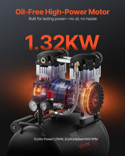 Air Compressor, 10 Gallon Steel Tank, 2HP 5.3 CFM@90 PSI Oil Free Air Compressor & Max. 125PSI Pressure, 78dB Ultra Quiet Portable Compressor, for Auto Repair, Tire Inflation, Spray Painting