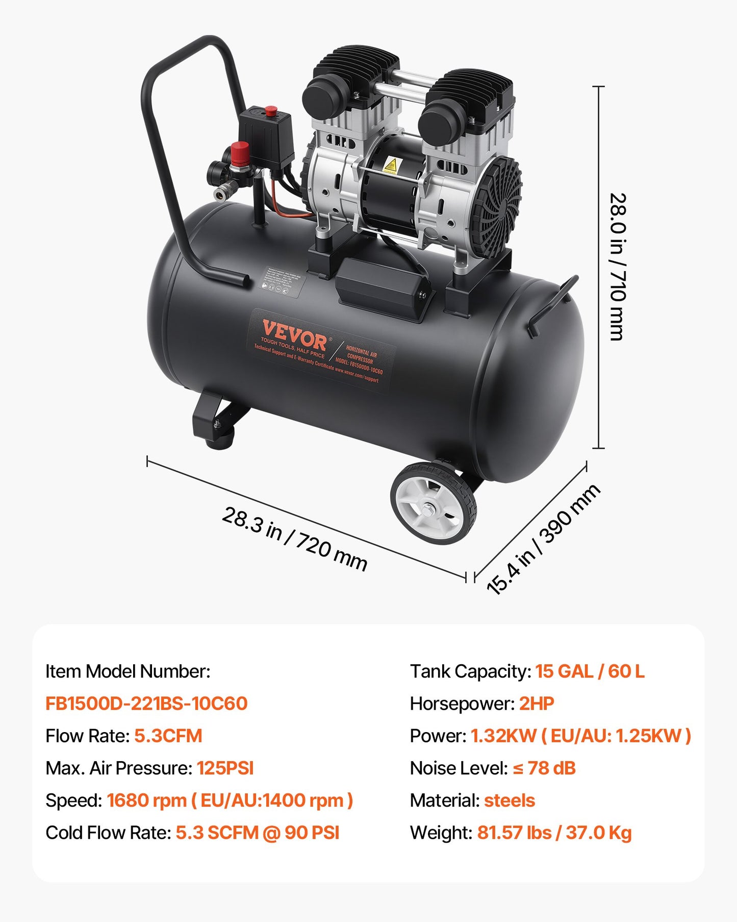 Air Compressor, 15 Gallon Steel Tank, 2HP 5.3 CFM@90 PSI Oil Free Air Compressor & Max. 125PSI Pressure, 78dB Ultra Quiet Portable Compressor, for Auto Repair, Tire Inflation, Spray Painting