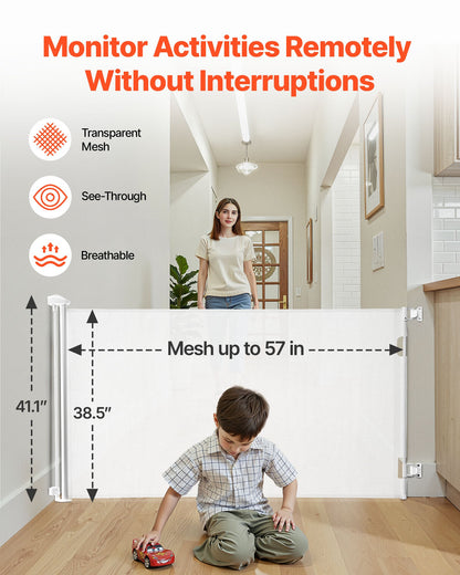 Retractable Baby Gate, Extends to 1450 mm Wide, 980 mm Tall, with Security Lock, Easy to Use, Walk Through Without Tripping, Mesh Dog Gate for Stairs, Hallways, Indoor/Outdoor, White