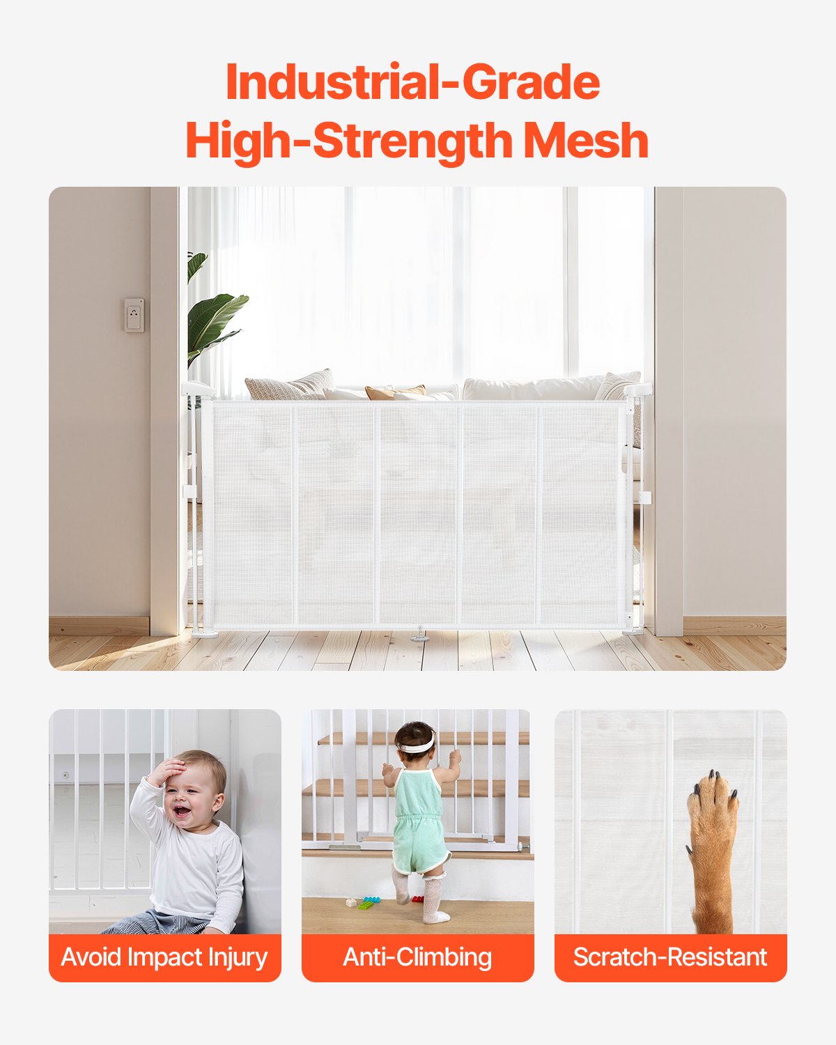 Retractable Baby Gate, 870 mm Tall, Extends up to 1400 mm Wide, Retractable Gate for Kids or Pets, Mesh Material, Easy to Install for Indoor Stairs, Doorways, Hallways, Playrooms, White