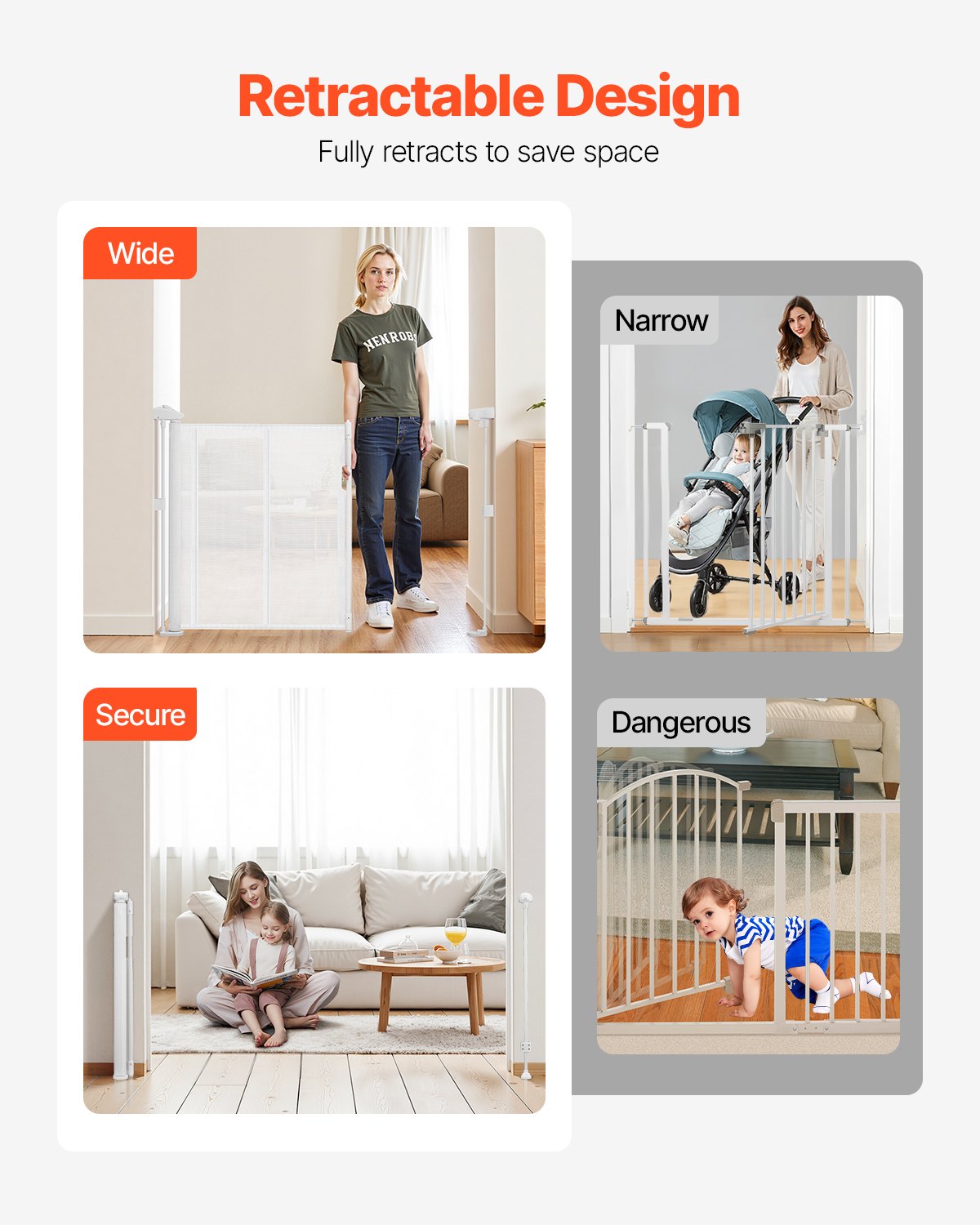 Retractable Baby Gate, 870 mm Tall, Extends up to 1400 mm Wide, Retractable Gate for Kids or Pets, Mesh Material, Easy to Install for Indoor Stairs, Doorways, Hallways, Playrooms, White