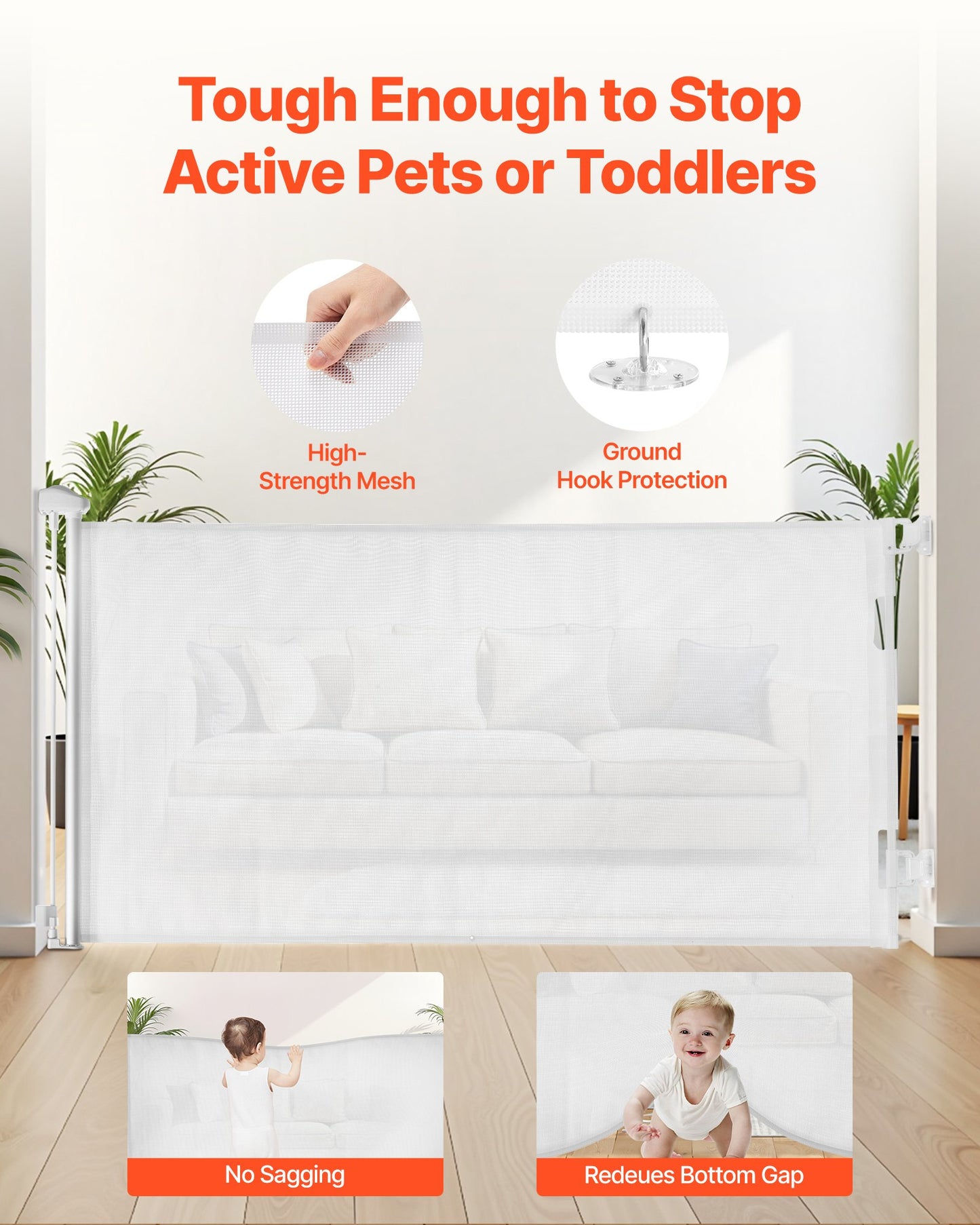 Retractable Baby Gate, Extends to 1850 mm Wide, 795 mm Tall, with Security Lock, Easy to Use, Walk Through Without Tripping, Mesh Dog Gate for Stairs, Hallways, Indoor/Outdoor, White