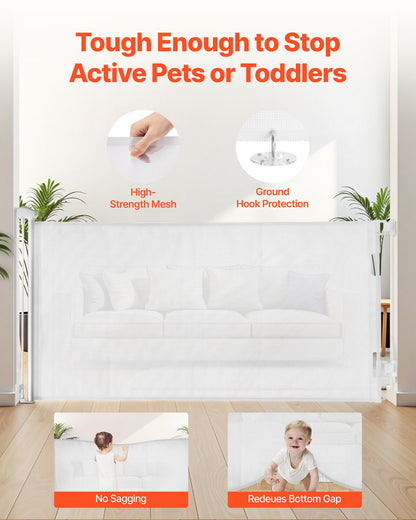 Retractable Baby Gate, Extends to 1850 mm Wide, 795 mm Tall, with Security Lock, Easy to Use, Walk Through Without Tripping, Mesh Dog Gate for Stairs, Hallways, Indoor/Outdoor, White