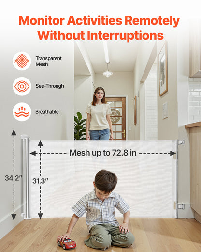 Retractable Baby Gate, Extends to 1850 mm Wide, 795 mm Tall, with Security Lock, Easy to Use, Walk Through Without Tripping, Mesh Dog Gate for Stairs, Hallways, Indoor/Outdoor, White
