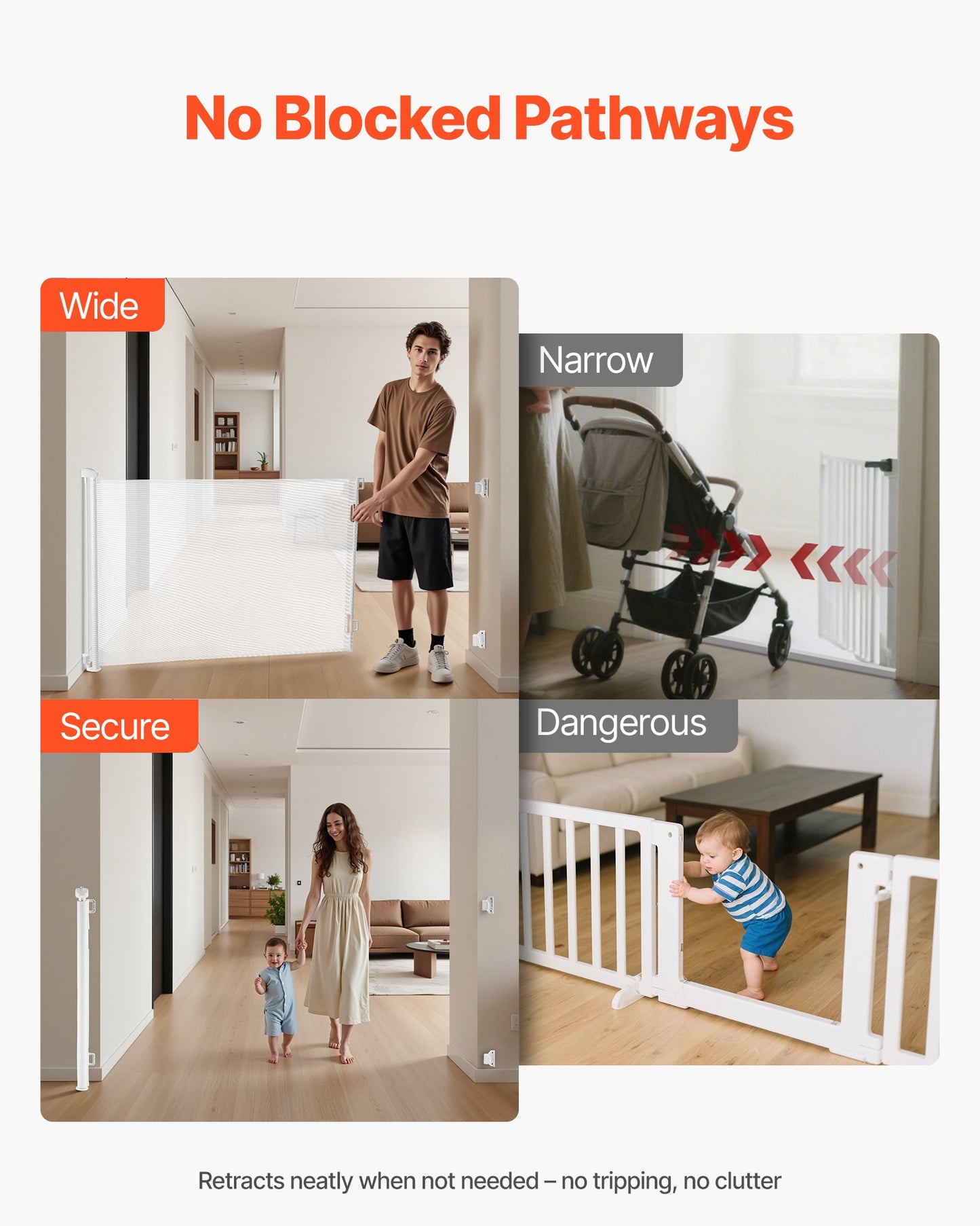 Retractable Baby Gate, Extends to 1850 mm Wide, 795 mm Tall, with Security Lock, Easy to Use, Walk Through Without Tripping, Mesh Dog Gate for Stairs, Hallways, Indoor/Outdoor, White