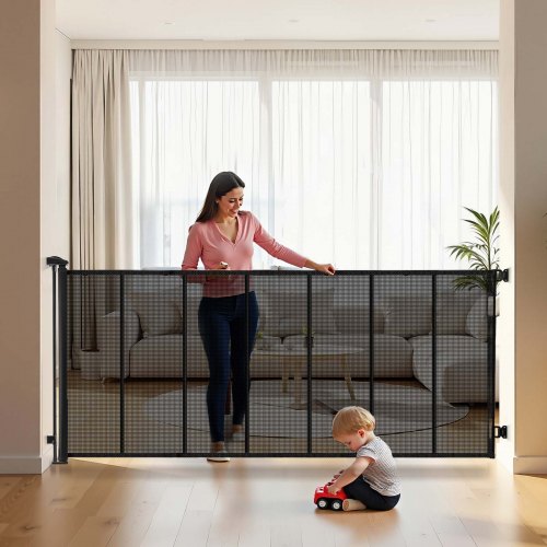 Retractable Baby Gate, Extends to 3050 mm Extra Wide, 980 mm Tall, with Reinforced Fiberglass Strips, Avoids Crawling Through, Mesh Dog Gate for Decks, Doorways, Garages, Indoor, Black