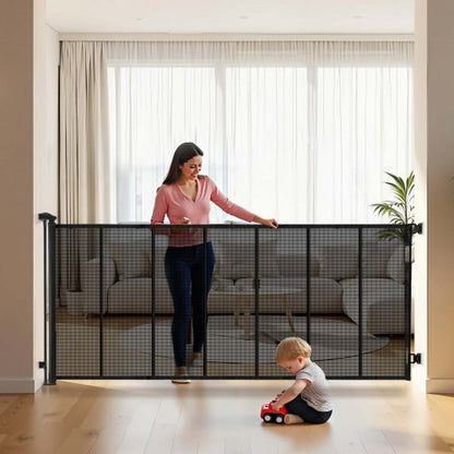 Retractable Baby Gate, Extends to 3050 mm Extra Wide, 980 mm Tall, with Reinforced Fiberglass Strips, Avoids Crawling Through, Mesh Dog Gate for Decks, Doorways, Garages, Indoor, Black