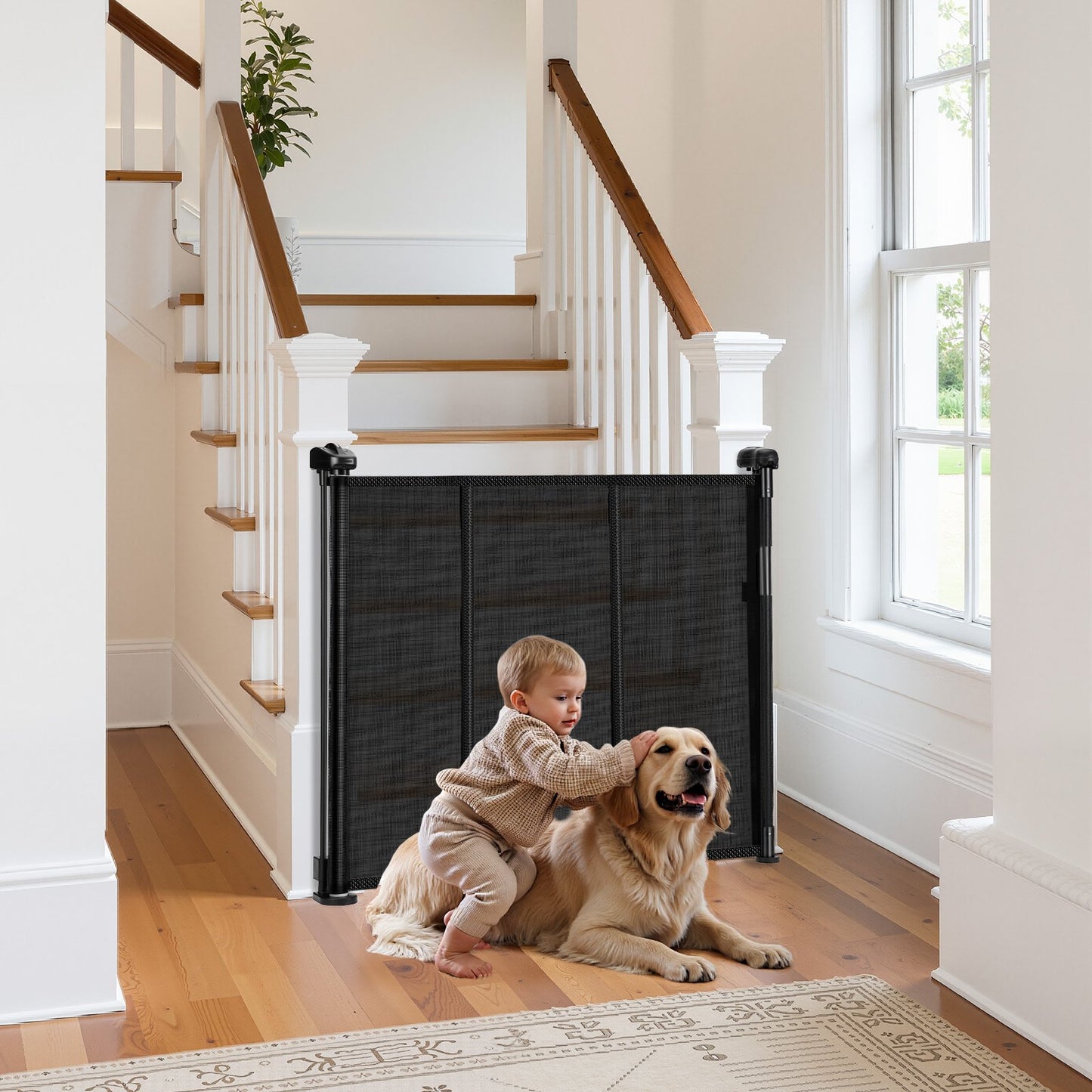 Retractable Baby Gate, 870 mm Tall, Extends up to 1800 mm Wide, Retractable Gate for Kids or Pets, Mesh Material, Easy to Install for Indoor Stairs, Doorways, Hallways, Playrooms, Black