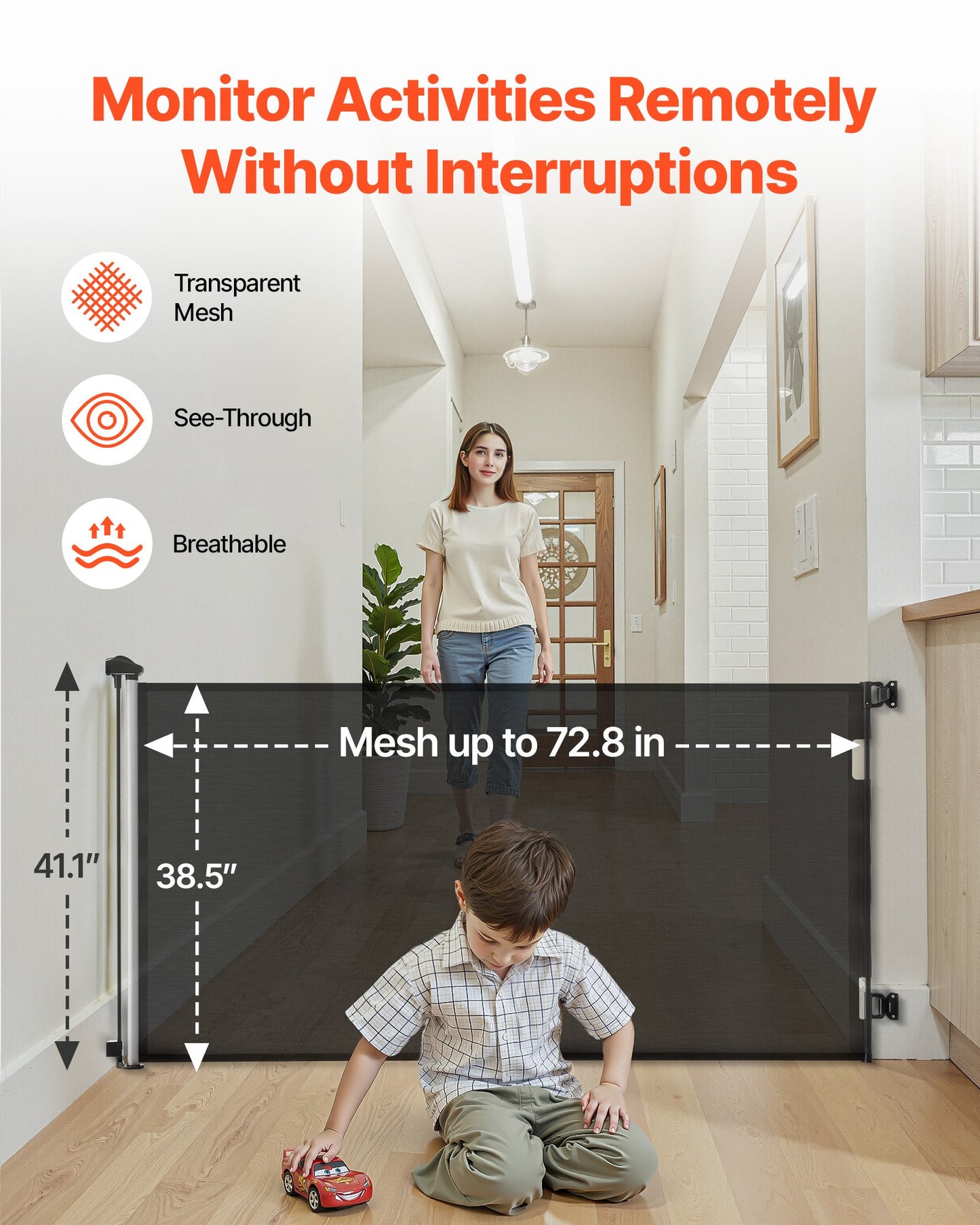 Retractable Baby Gate, Extends to 1850 mm Wide, 980 mm Tall, with Security Lock, Easy to Use, Walk Through Without Tripping, Mesh Dog Gate for Stairs, Hallways, Indoor/Outdoor, Black