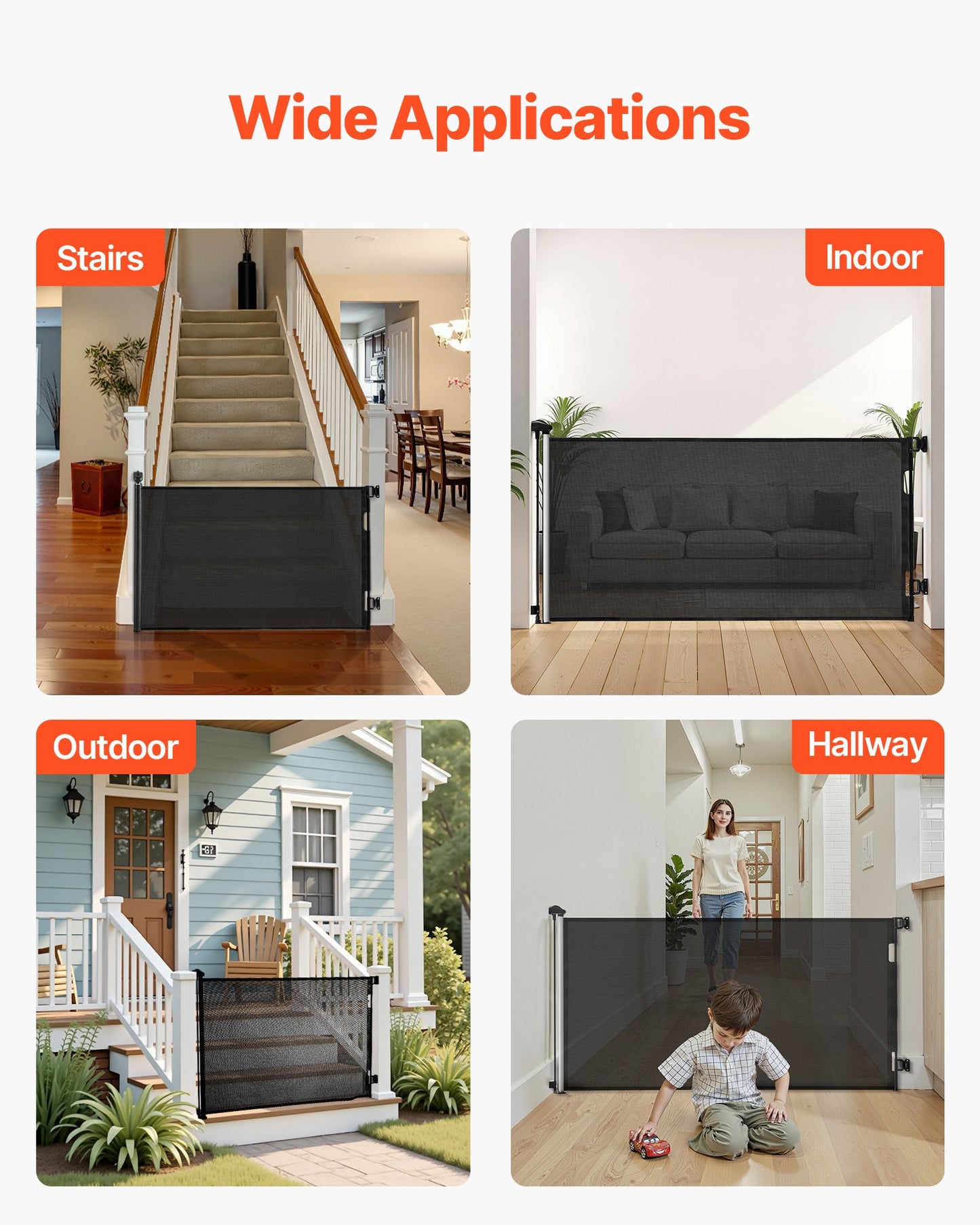 Retractable Baby Gate, Extends to 1850 mm Wide, 980 mm Tall, with Security Lock, Easy to Use, Walk Through Without Tripping, Mesh Dog Gate for Stairs, Hallways, Indoor/Outdoor, Black
