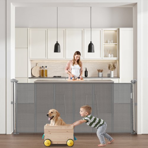 Retractable Baby Gate, 870 mm Tall, Extends up to 1800 mm Wide, Retractable Gate for Kids or Pets, Mesh Material, Easy to Install for Indoor Stairs, Doorways, Hallways, Playrooms, Gray