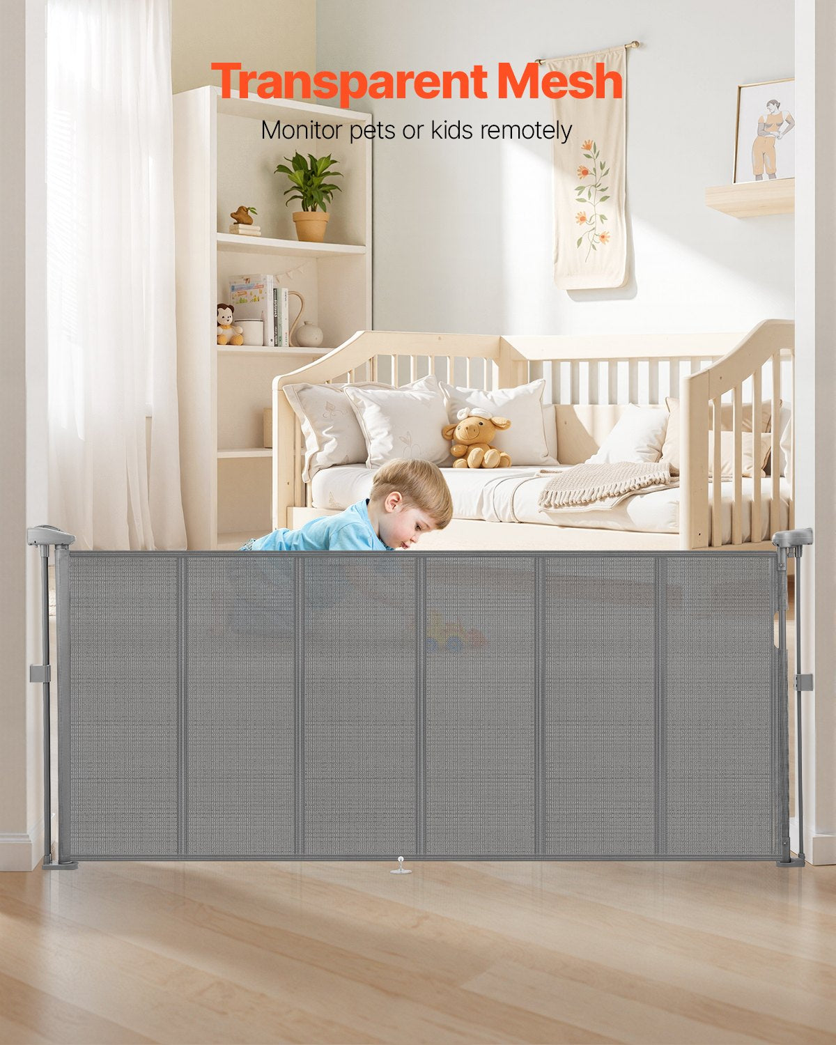 Retractable Baby Gate, 870 mm Tall, Extends up to 1800 mm Wide, Retractable Gate for Kids or Pets, Mesh Material, Easy to Install for Indoor Stairs, Doorways, Hallways, Playrooms, Gray