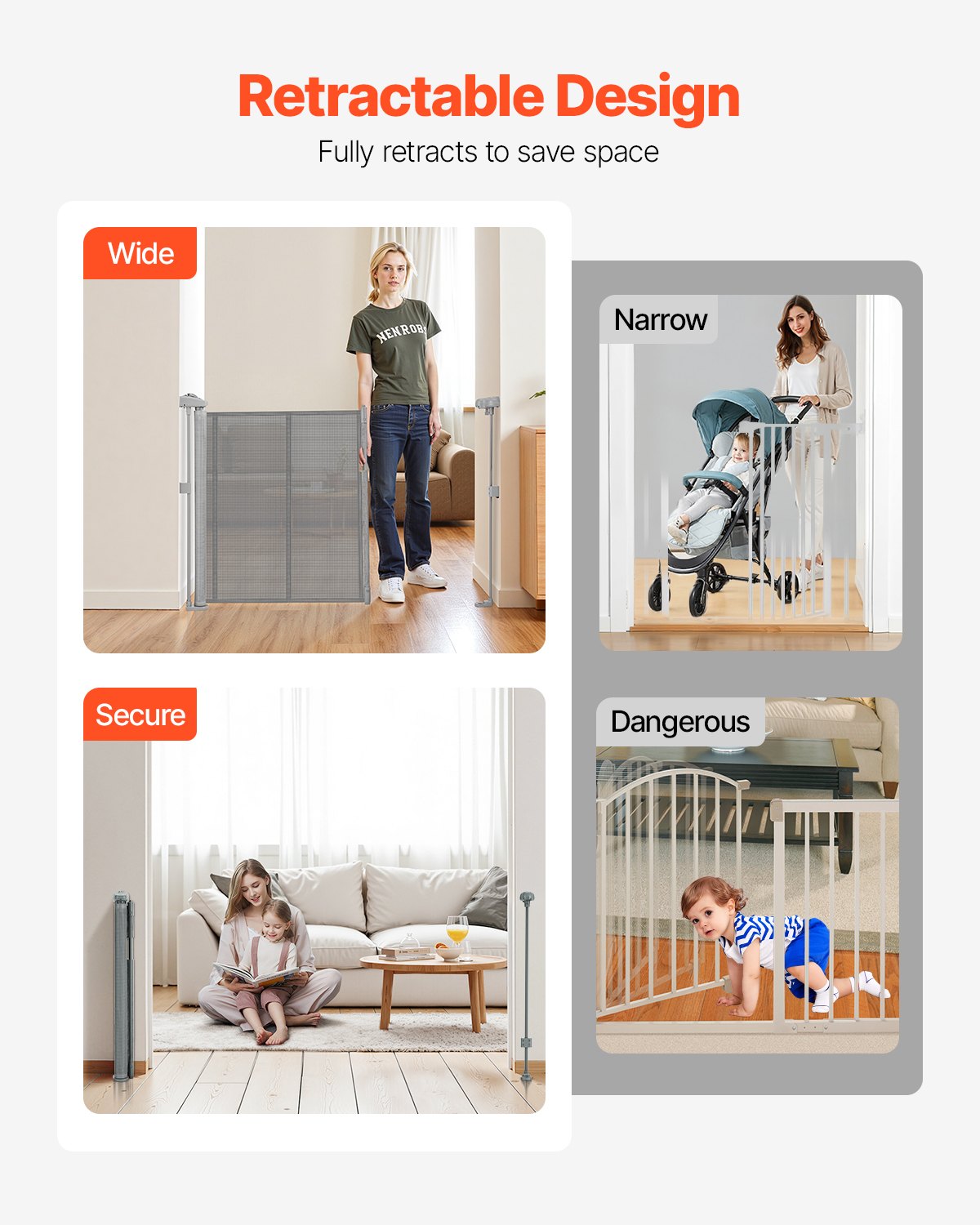 Retractable Baby Gate, 870 mm Tall, Extends up to 1800 mm Wide, Retractable Gate for Kids or Pets, Mesh Material, Easy to Install for Indoor Stairs, Doorways, Hallways, Playrooms, Gray