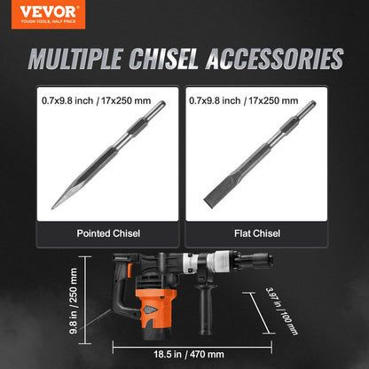Demolition Jack Hammer Concrete Breaker 1600W Electric Hammer 2 Chisel Bit