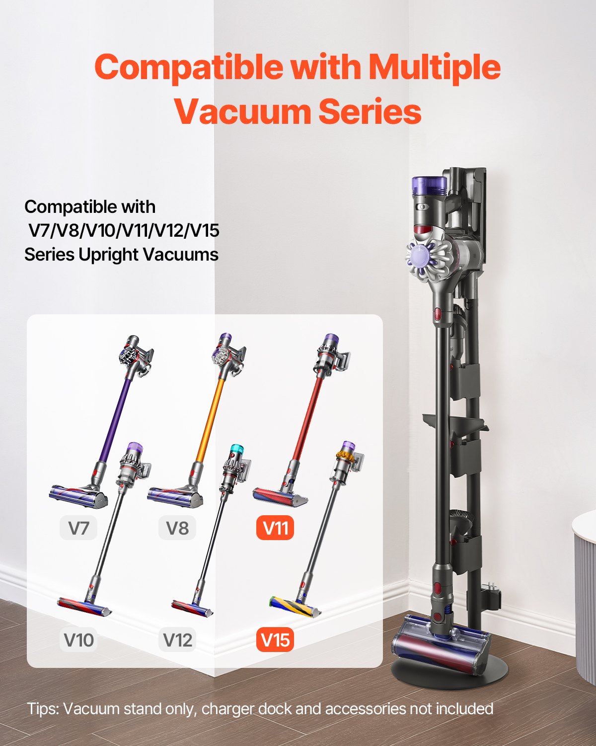 Vacuum Stand, Compatible With V7 V8 V10 V11 V12 V15 Series Upright Vacuum Cleaners & Accessories, Stable Vacuum Stand Holder with 4 Anti-slip Pads and 3 Clips for Storing 6 Brush Heads