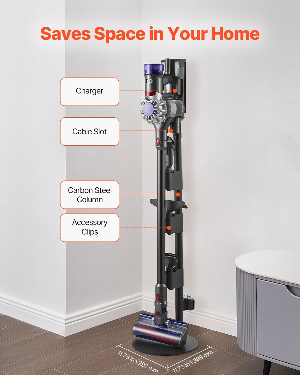 Vacuum Stand, Compatible With V7 V8 V10 V11 V12 V15 Series Upright Vacuum Cleaners & Accessories, Stable Vacuum Stand Holder with 4 Anti-slip Pads and 3 Clips for Storing 6 Brush Heads