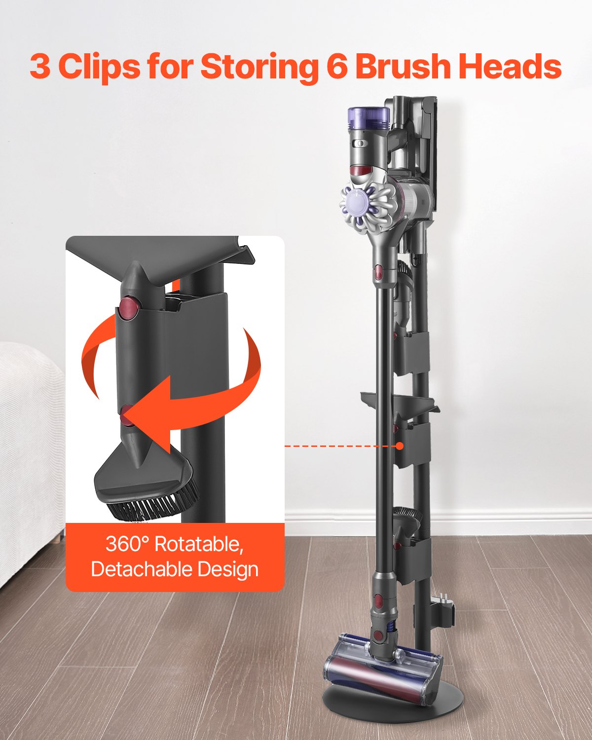 Vacuum Stand, Compatible With V7 V8 V10 V11 V12 V15 Series Upright Vacuum Cleaners & Accessories, Stable Vacuum Stand Holder with 4 Anti-slip Pads and 3 Clips for Storing 6 Brush Heads