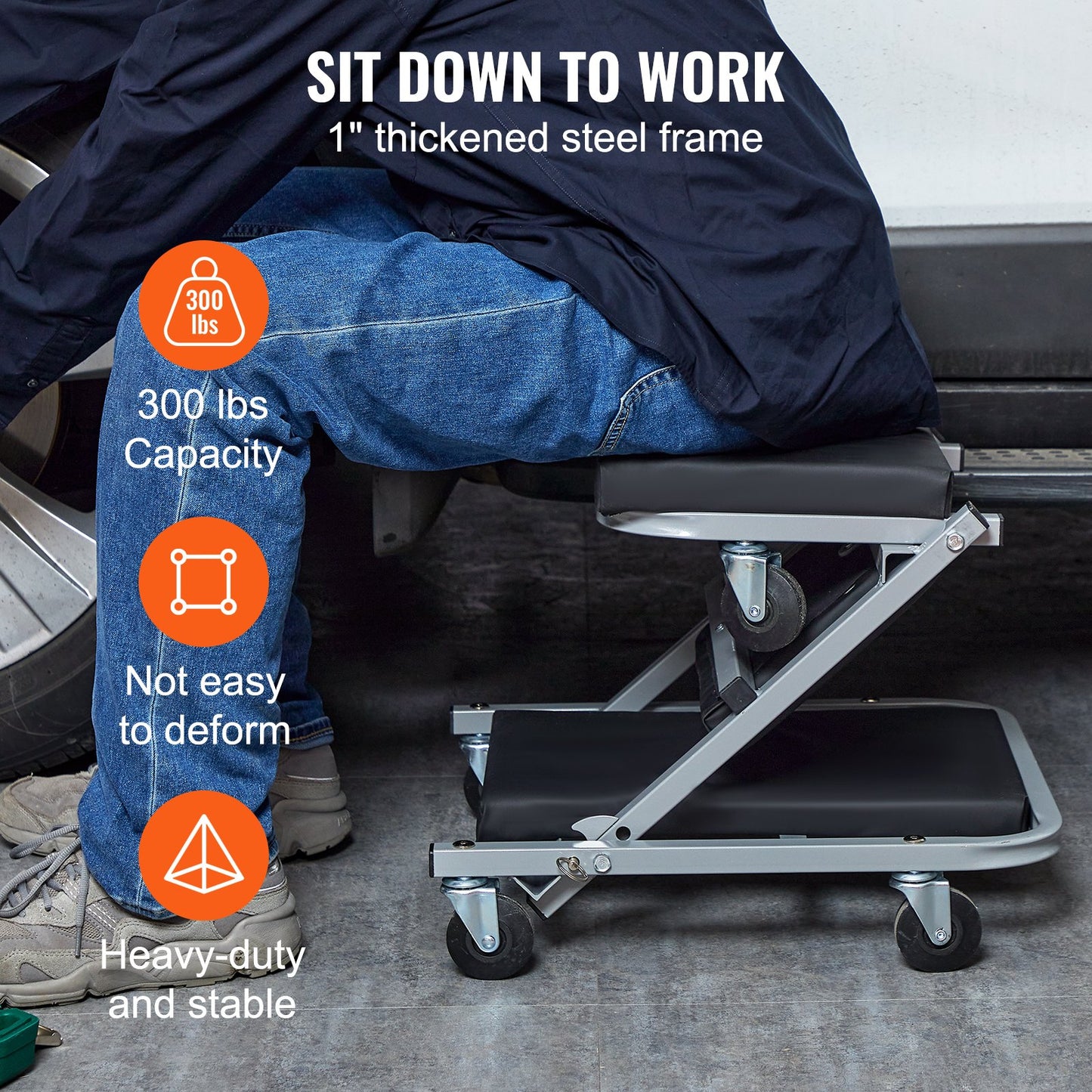 Z-Creeper Seat, 2 in 1 Rolling Folding Car Creeper/Stool, 300 lbs Capacity Mechanic Creeper, Low Profile Creeper with 6 pcs Wheels for Garage, Shop, Auto Repair, Lay Down or Sit, Black