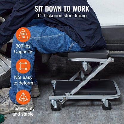 Z-Creeper Seat, 2 in 1 Rolling Folding Car Creeper/Stool, 300 lbs Capacity Mechanic Creeper, Low Profile Creeper with 6 pcs Wheels for Garage, Shop, Auto Repair, Lay Down or Sit, Black