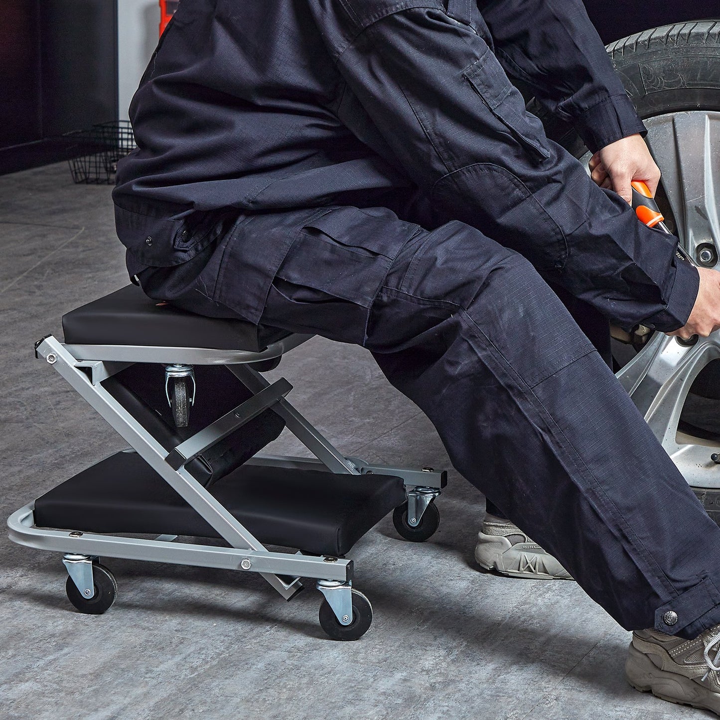 Z-Creeper Seat, 2 in 1 Rolling Folding Car Creeper/Stool, 300 lbs Capacity Mechanic Creeper, Low Profile Creeper with 6 pcs Wheels for Garage, Shop, Auto Repair, Lay Down or Sit, Black