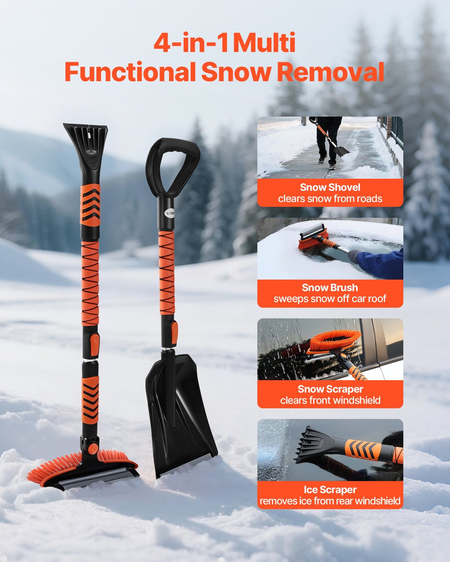 Snow Shovel and Snow Brush, 107cm Extendable Snows Broom & Ice Scraper with 180° Pivoting Brush Head, Non-Slip Grip, Portable Winter Snows Removal Tools for Cars Trucks, SUVs Vehicle