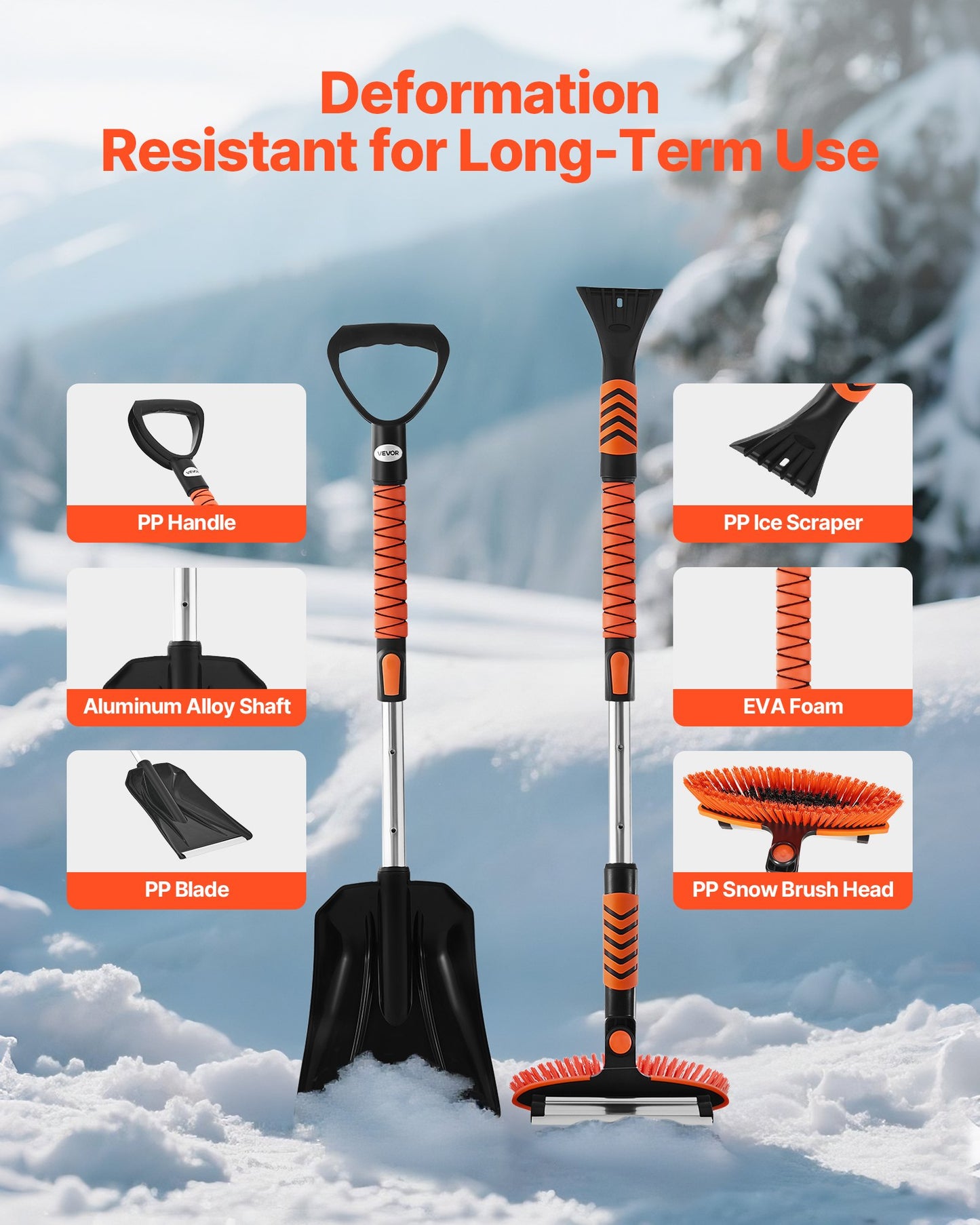 Snow Shovel and Snow Brush, 107cm Extendable Snows Broom & Ice Scraper with 180° Pivoting Brush Head, Non-Slip Grip, Portable Winter Snows Removal Tools for Cars Trucks, SUVs Vehicle