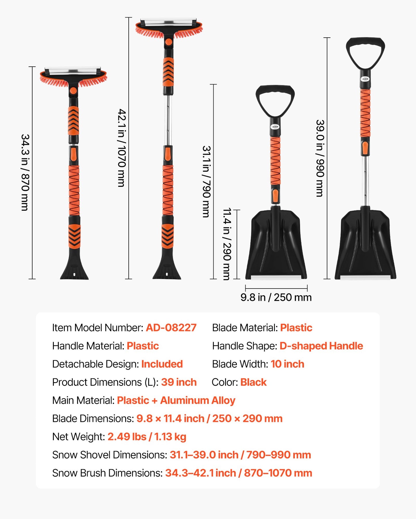 Snow Shovel and Snow Brush, 107cm Extendable Snows Broom & Ice Scraper with 180° Pivoting Brush Head, Non-Slip Grip, Portable Winter Snows Removal Tools for Cars Trucks, SUVs Vehicle